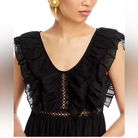 AQUA NWT Ruffled Back Cutout Lined Cotton Whimsigoth Black Midi Dress Size Small - Picture 3 of 11